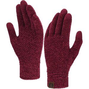 Women's Wine Red Chenille Stretchy Elastic Cuff Knit Winter Cold Weather Gloves